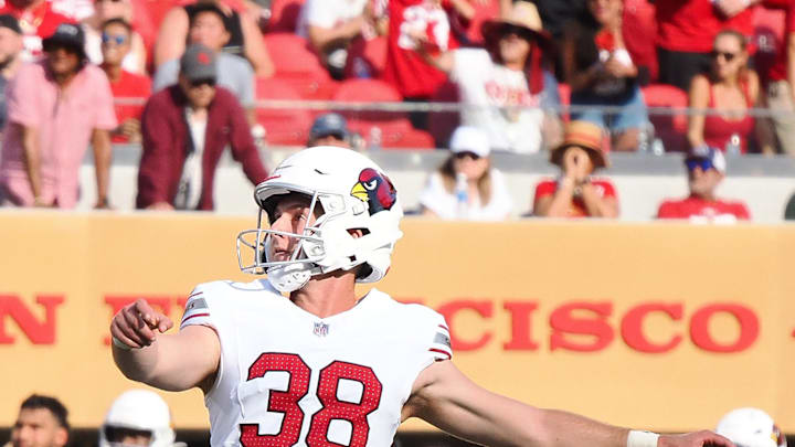 Oct 6, 2024; Santa Clara, California, USA; Arizona Cardinals kicker Chad Ryland (38) follows the ball on a field goal against the San Francisco 49ers during the fourth quarter at Levi's Stadium. Mandatory Credit: Kelley L Cox-Imagn Images