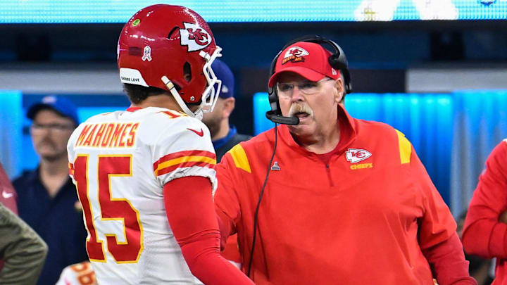 Nov 20, 2022; Inglewood, California, USA; Kansas City Chiefs quarterback Patrick Mahomes (15) and Chiefs head coach Andy Reid during a timeout during an NFL game at SoFi Stadium. Mandatory Credit: Robert Hanashiro-Imagn Images
