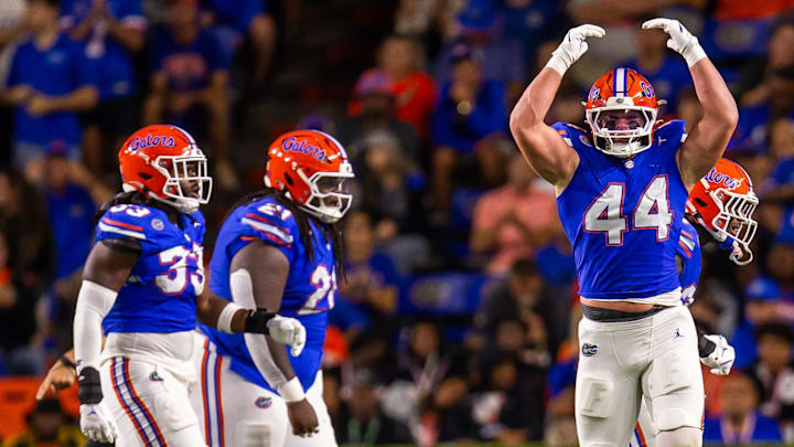 Florida Gators edge Jack Pyburn (44) celebrates a fourth down stop during the first half at Ben Hill Griffin Stadium in Gainesville, FL on Saturday, October 19, 2024 against the Kentucky Wildcats. [Doug Engle/Gainesville Sun]