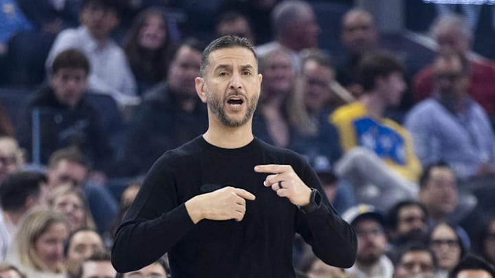 Nov 29, 2025; San Francisco, California, USA;  New Orleans Pelicans head coach James Borrego gestures during the first quarter against the Golden State Warriors at Chase Center. Mandatory Credit: John Hefti-Imagn Images