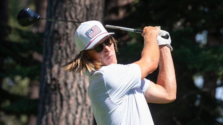 Trevor Lawrence hits a tee shot on the 4 hole during the first round of the American Century Celebrity Championship golf tournament at Edgewood Tahoe Golf Course in Stateline, Nev., Friday, July 12, 2024.