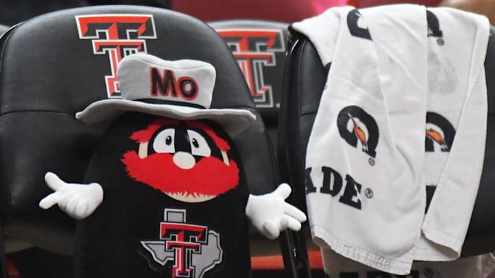 Texas Tech's Mo sits on the bench at United Supermarkets Arena.