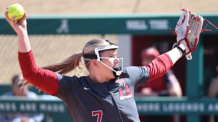 Alabama softball player Catelyn Riley winds up against SIUE during the Crimson Classic at Rhoads Stadium in Tuscaloosa, AL on Saturday, March 1, 2025.