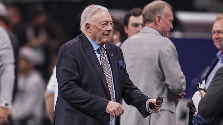 Nov 3, 2024; Atlanta, Georgia, USA; Dallas Cowboys team owner and general manager Jerry Jones shown on the field prior to the game against the Atlanta Falcons at Mercedes-Benz Stadium. Mandatory Credit: Dale Zanine-Imagn Images