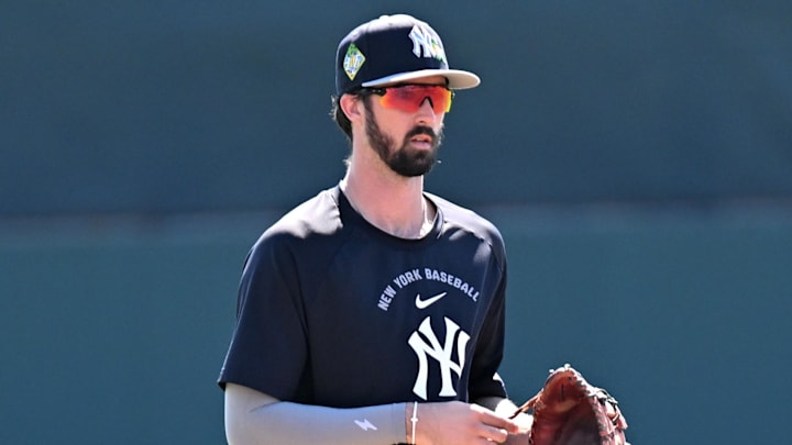 Feb 20, 2026; Sarasota, Florida, USA; New York Yankees shortstop Braden Shewmake (89) takes  infield before the start of the spring training game against the Baltimore Orioles at Ed Smith Stadium. Mandatory Credit: Jonathan Dyer-Imagn Images