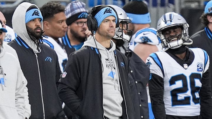 Dec 15, 2024; Charlotte, North Carolina, USA; Carolina Panthers head coach Dave Canales during the second half against the Dallas Cowboys at Bank of America Stadium. Mandatory Credit: Jim Dedmon-Imagn Images