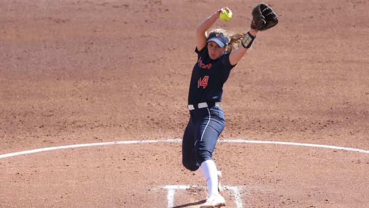 Eden Bigham throws a pitch for Virginia softball.