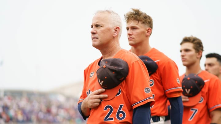 Brian O'Connor stands during the national anthem ahead of the Virginia baseball game vs. Florida at the 2023 College World Series. Brian O'Connor stands during the national anthem ahead of the Virginia baseball game vs. Florida at the 2023 College World Series.