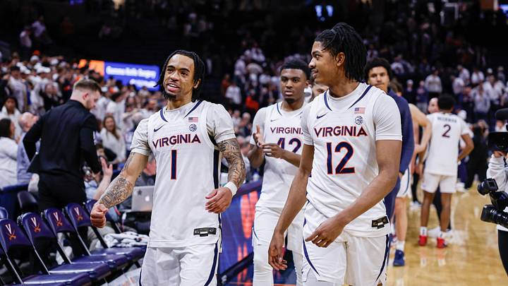 Dante Harris and Elijah Gertrude walk off the floor after Virginia's win over Miami at John Paul Jones Arena. Dante Harris and Elijah Gertrude walk off the floor after Virginia's win over Miami at John Paul Jones Arena.