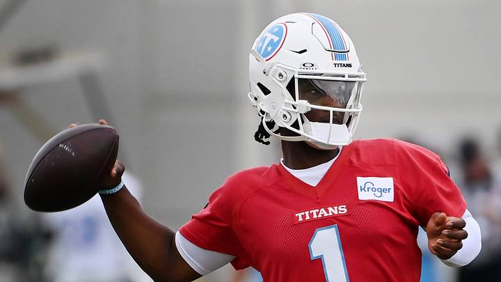Tennessee Titans quarterback Cam Ward (1) throws a pass during training camp practice at Vanderbilt Health Football Center Saturday, August 1, 2026, in Nashville, Tenn.