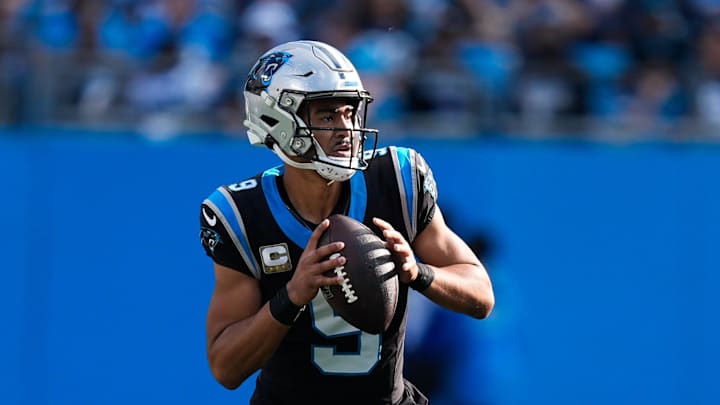 Nov 9, 2025; Charlotte, North Carolina, USA;  Carolina Panthers quarterback Bryce Young (9) looks to pass during the third quarter against the New Orleans Saints at Bank of America Stadium. Mandatory Credit: Jim Dedmon-Imagn Images