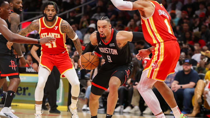 Feb 10, 2024; Atlanta, Georgia, USA; Houston Rockets forward Dillon Brooks (9) drives to the basket against the Atlanta Hawks in the second half at State Farm Arena. Mandatory Credit: Brett Davis-Imagn Images