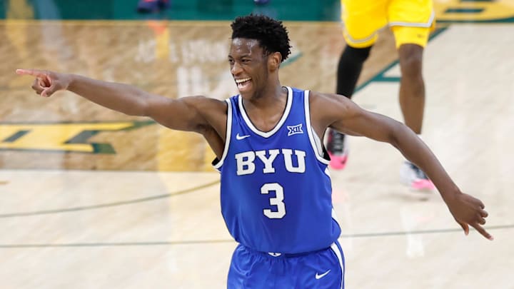 Feb 10, 2026; Waco, Texas, USA;  BYU Cougars forward AJ Dybantsa (3) reacts after a play during the second half against the Baylor Bears at Paul and Alejandra Foster Pavilion. Mandatory Credit: Chris Jones-Imagn Images
