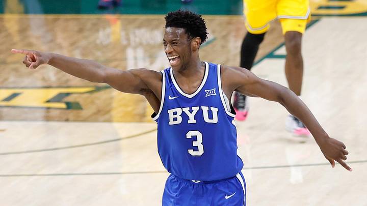 Feb 10, 2026; Waco, Texas, USA;  BYU Cougars forward AJ Dybantsa (3) reacts after a play during the second half against the Baylor Bears at Paul and Alejandra Foster Pavilion. Mandatory Credit: Chris Jones-Imagn Images