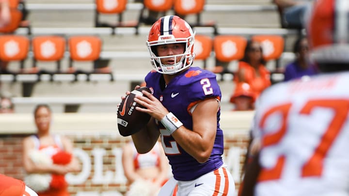 The Clemson Tigers football annual Orange and White Spring game was held on April 5, 2025, at Memorial Stadium in Clemson, South Carolina. Clemson quarterback Cade Klubnik (2) in the pocket on a passing play.