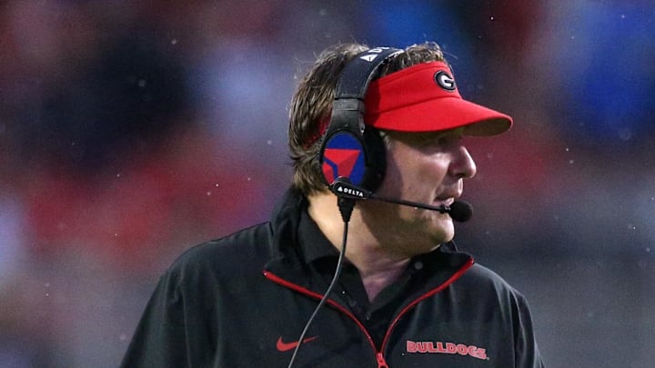 Nov 9, 2024; Oxford, Mississippi, USA; Georgia Bulldogs head coach Kirby Smart watches during the second half  against the Mississippi Rebels at Vaught-Hemingway Stadium. Mandatory Credit: Petre Thomas-Imagn Images