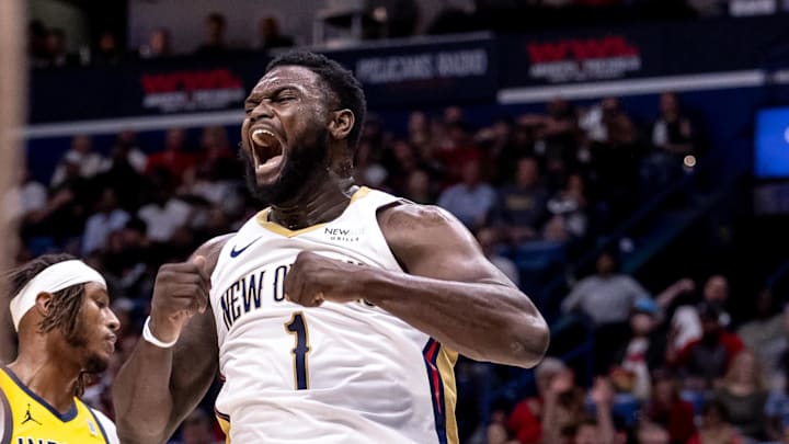 New Orleans Pelicans forward Zion Williamson (1) against the Indiana Pacers during the first half at Smoothie King Center. 