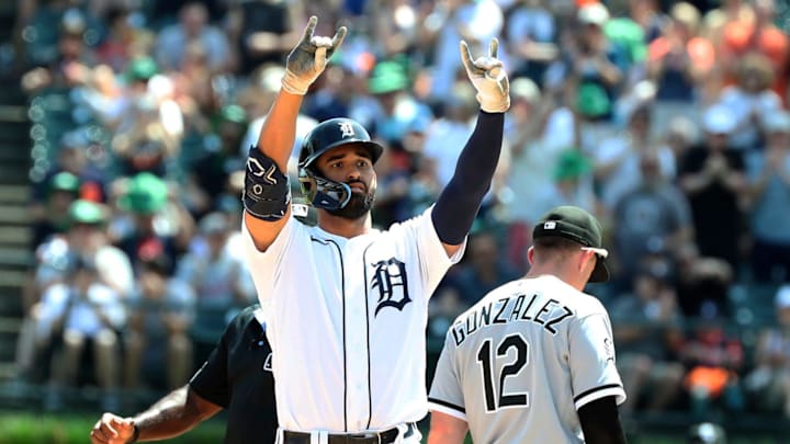 Detroit Tigers center fielder Riley Greene (31) celebrates his double against the Chicago White Sox.