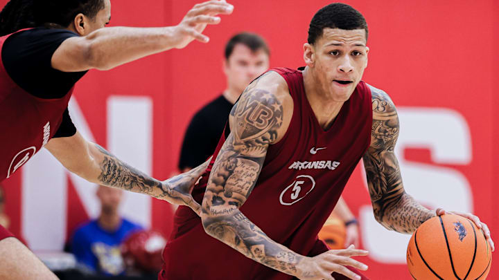 Arkansas Razorbacks forward Trevon Brazile drives during a summer practice at the Eddie Sutton Practice Court in Fayetteville, Ark.