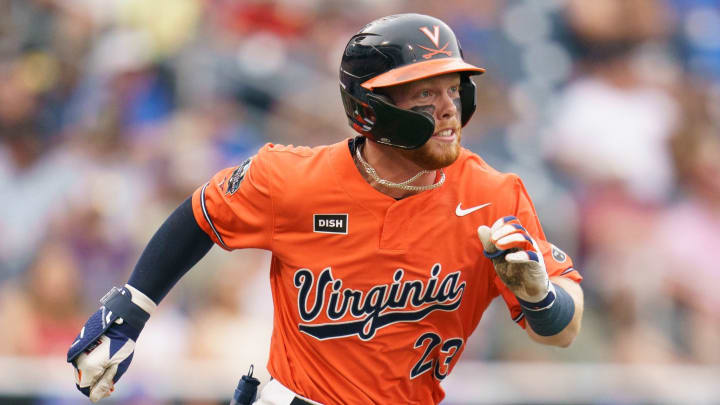 Ethan Anderson runs to first base during the Virginia baseball game vs. Florida at the College World Series in Omaha. Ethan Anderson runs to first base during the Virginia baseball game vs. Florida at the College World Series in Omaha.