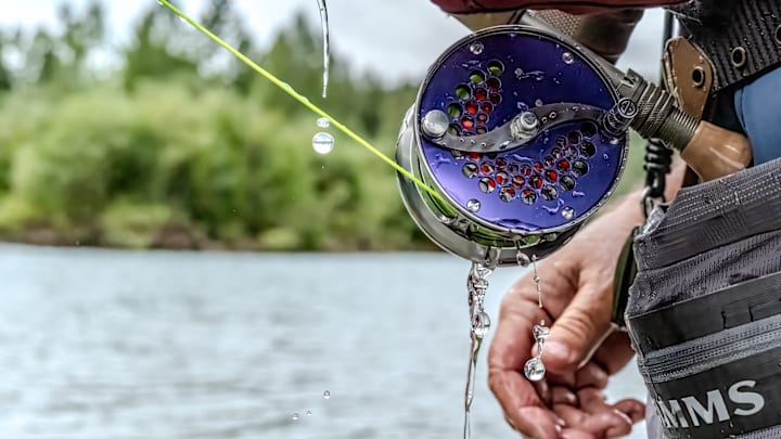 Fighting a silver salmon on the Colours of the Wild Loop classic fly reel. 