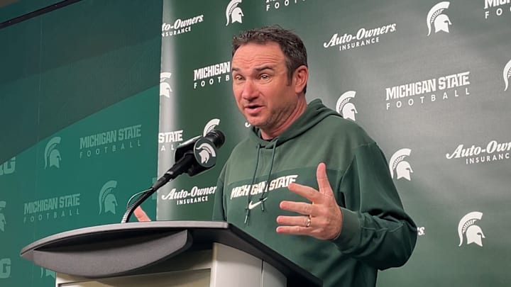 Michigan State head coach Jonathan Smith speaks to the media during a press conference on Monday, Nov. 17, 2025.