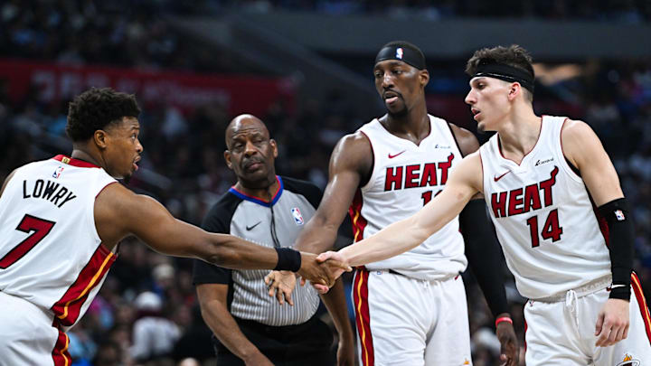 Jan 1, 2024; Los Angeles, California, USA; Miami Heat guard Kyle Lowry (7) celebrates with teammates