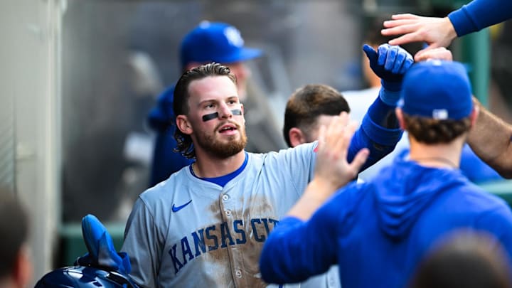 May 11, 2024; Anaheim, California, USA; Kansas City Royals shortstop Bobby Witt Jr. (7) celebrates