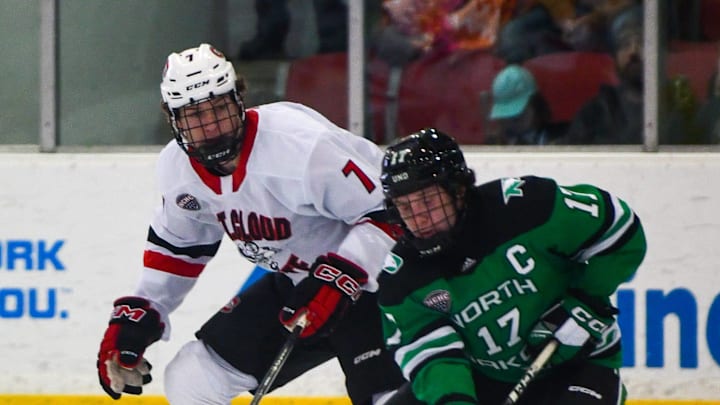 St. Cloud State men's hockey freshman Jack Reimann plays defense Jan. 19 against North Dakota at the