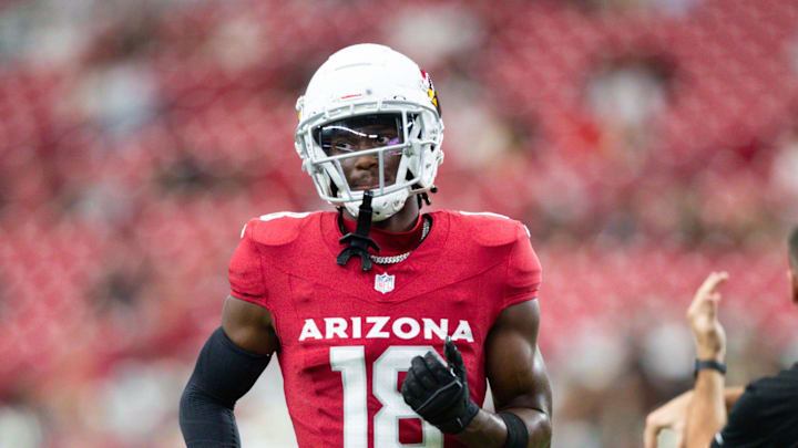 Arizona Cardinals wide receiver Marvin Harrison Jr. (18) warms up before a preseason game on Aug. 10, 2024 at State Farm Stadium in Glendale.