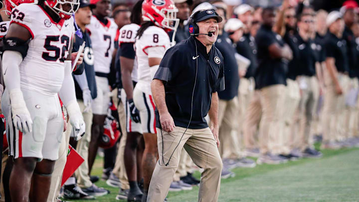 Nov 1, 2025; Jacksonville, Florida, USA; Georgia Bulldogs head coach Kirby Smart reacts from the sideline during a game against the Florida Gators at EverBank Stadium. Mandatory Credit: Travis Register-Imagn Images