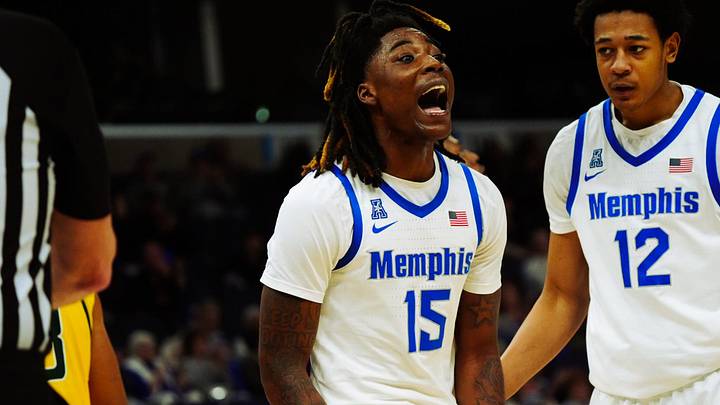 Memphis Tigers’ Julius Thedford (15) reacts after scoring with a foul against UAB during an American Conference game on Feb. 22, 2026 at the FedexForum in Memphis, Tenn. Memphis Tigers’ Julius Thedford (15) reacts after scoring with a foul against UAB during an American Conference game on Feb. 22, 2026 at the FedexForum in Memphis, Tenn.