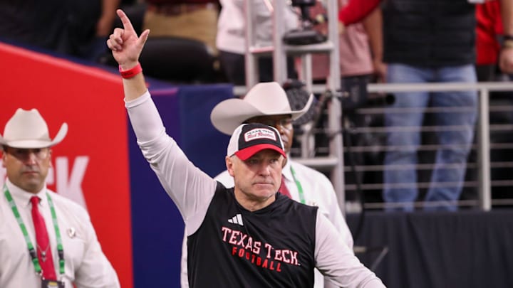 Texas Tech head coach Joey McGuire enters the field before the Big 12 Conference championship football game, Saturday, Nov. 6, 2025, at AT&T Stadium in Arlington.