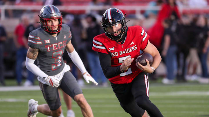 Brendan Sorsby runs with the ball during the Texas Tech football team's spring game, Friday, April 17, 2026, at Jones AT&T Stadium.