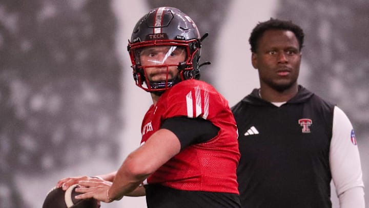 Texas Tech's Brendan Sorsby goes through a drill during spring football practice, Tuesday, March 24, 2026, at the Womble Football Center.