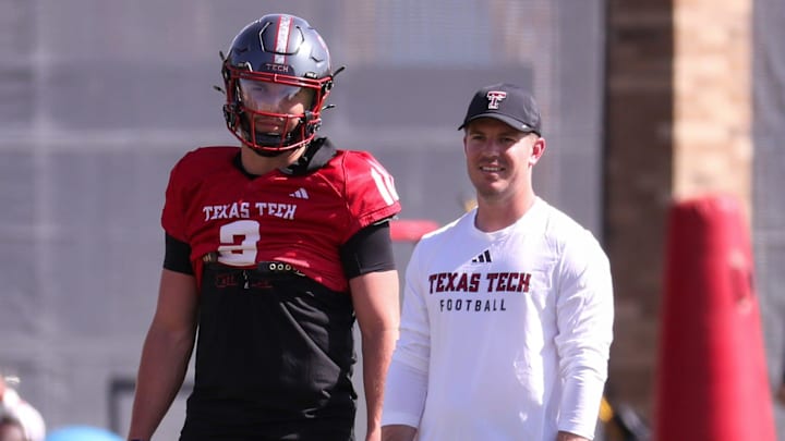 Texas Tech's Brendan Sorsby and offensive coordinator Mack Leftwich look on during spring football practice, Thursday, March 26, 2026, at the Womble Football Center.