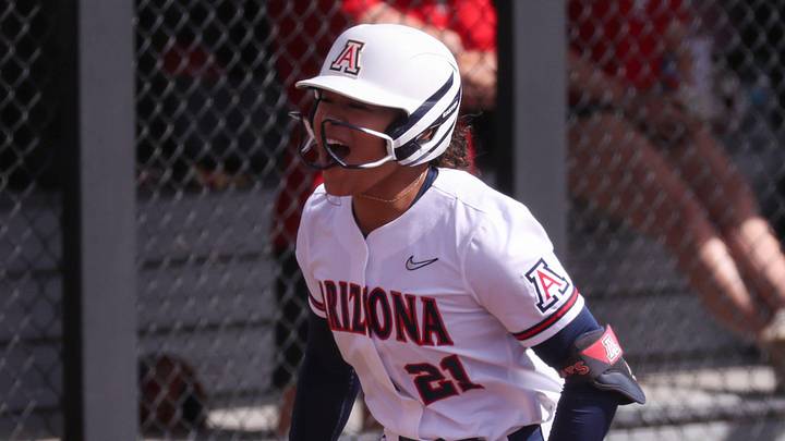 Arizona's Sydney Stewart reacts to hitting a home run against Texas Tech during a Big 12 Conference softball game, Saturday, March 14, 2026, at Rocky Johnson Field.