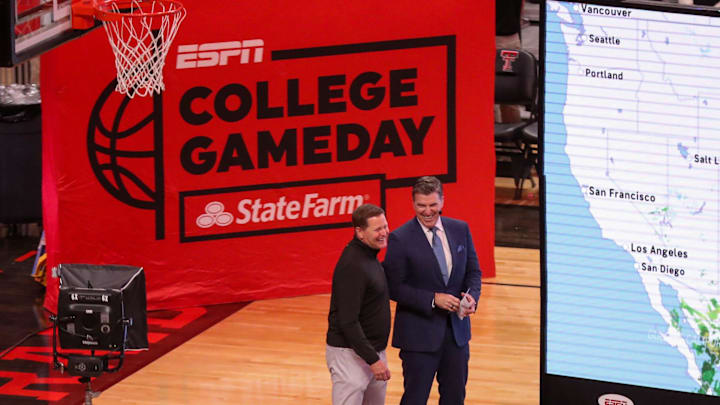 Texas Tech director of athletics Kirby Hocutt talks to Rece Davis us ESPN presented its College GameDay pregame show before a Texas Tech basketball game, Saturday, Jan. 24, 2026, in United Supermarkets Arena. Texas Tech director of athletics Kirby Hocutt talks to Rece Davis us ESPN presented its College GameDay pregame show before a Texas Tech basketball game, Saturday, Jan. 24, 2026, in United Supermarkets Arena.