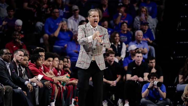 Feb 28, 2026; Gainesville, Florida, USA; Arkansas Razorbacks head coach John Calipari coaches against the Florida Gators during the first half at Exactech Arena at the Stephen C. O'Connell Center. Mandatory Credit: Travis Register-Imagn Images