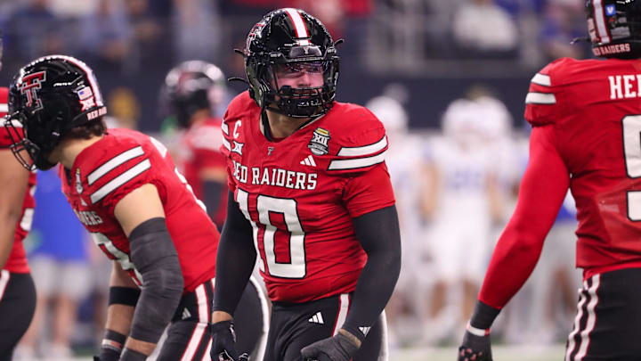 Texas Tech's Jacob Rodriguez looks to the sideline during the Big 12 Conference championship football game, Saturday, Nov. 6, 2025, at AT&T Stadium in Arlington. Texas Tech's Jacob Rodriguez looks to the sideline during the Big 12 Conference championship football game, Saturday, Nov. 6, 2025, at AT&T Stadium in Arlington.