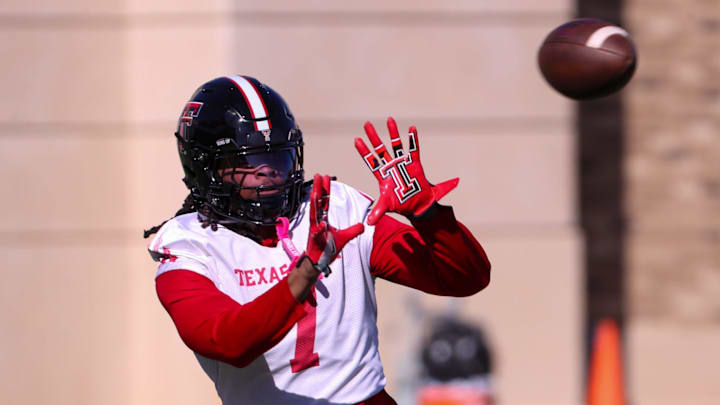 Texas Tech's Terrance Carter Jr. catches a pass during spring football practice, Monday, March 10, 2025, at the Womble Football Center.