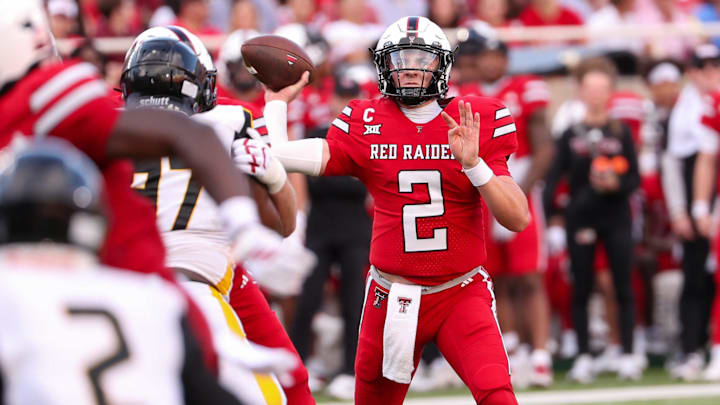 Texas Tech's Behren Morton prepares to pass against Arkansas-Pine Bluff during a non-conference football game, Saturday, August 30, 2025, at Jones AT&T Stadium.