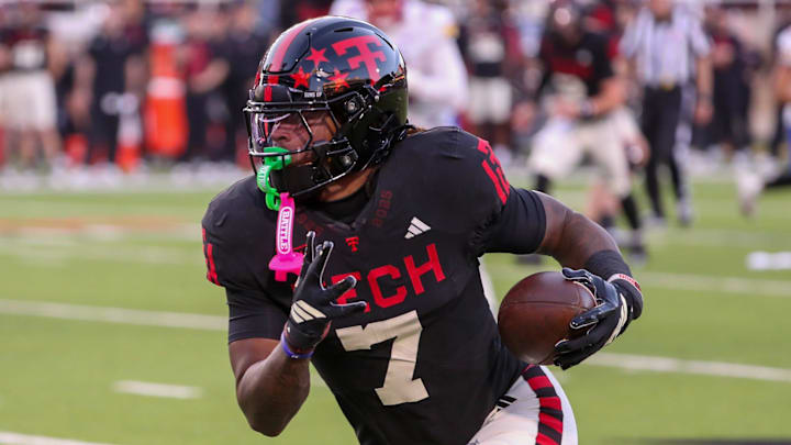 Texas Tech's Terrance Carter runs after a catch before scoring a touchdown against Kansas during a Big 12 Conference football game, Saturday, Oct. 11, 2024 at Jones AT&T Stadium in Lubbock.