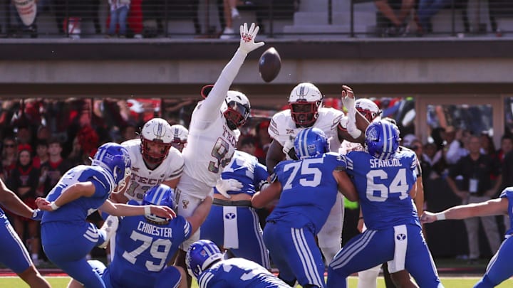 Texas Tech's Romello Height attempt to block a BYU field goal during a Big 12 Conference football game, Saturday, Nov. 8, 2025, at Jones AT&T Stadium.