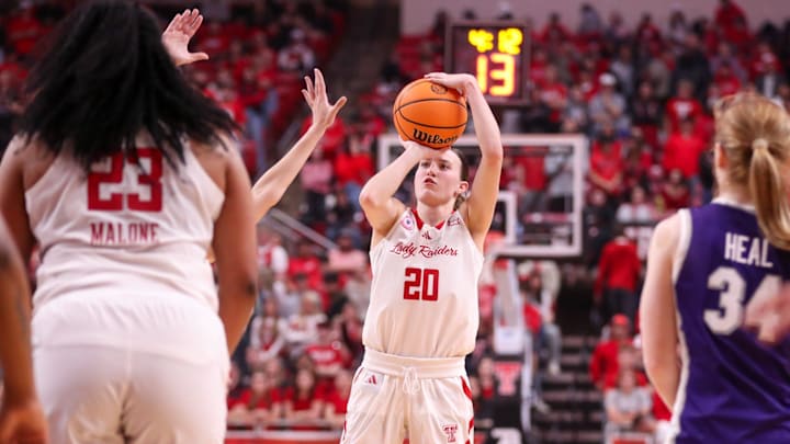 Texas Tech's Bailey Maupin shoots a 3-pointer against Kansas State during a Big 12 Conference women's basketball game, Saturday, Jan. 17, 2026, in United Supermarkets Arena.