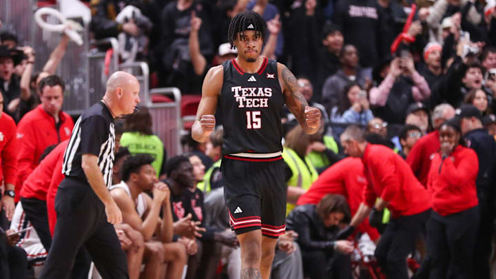 Texas Tech's JT Toppin reacts to the Red Raiders' 90-86 win over Houston in a Big 12 Conference men's basketball game, Saturday, Jan. 24, 2026, in United Supermarkets Arena.