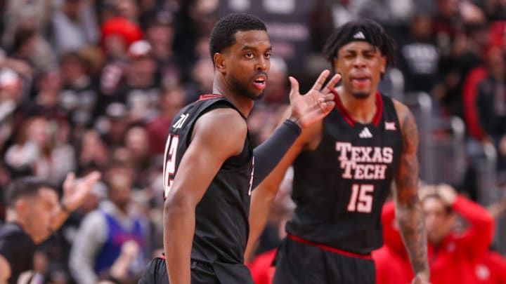 Texas Tech's Donovan Atwell reacts after hitting a 3-pointer against Houston during a Big 12 Conference men's basketball game, Saturday, Jan. 24, 2026, in United Supermarkets Arena.