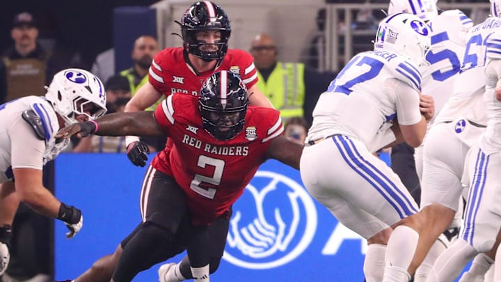 Texas Tech's Lee Hunter attempts to make the tackle against BYU during the Big 12 Conference championship football game, Saturday, Nov. 6, 2025, at AT&T Stadium in Arlington. Texas Tech's Lee Hunter attempts to make the tackle against BYU during the Big 12 Conference championship football game, Saturday, Nov. 6, 2025, at AT&T Stadium in Arlington.