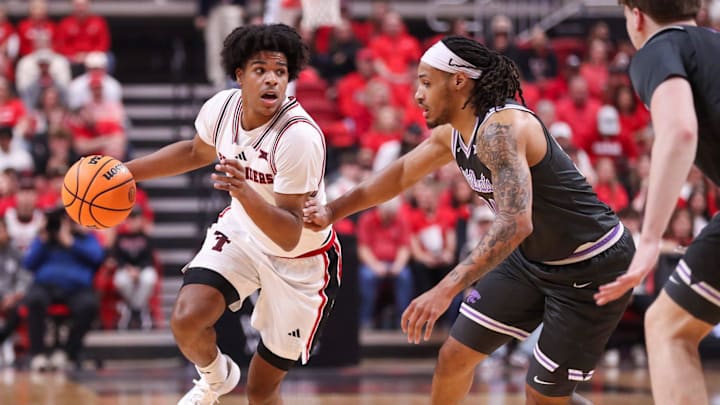 Texas Tech's Christian Anderson handles the ball against Kansas State during a Big 12 Conference men's basketball game, Saturday, Feb. 21, 2026, in United Supermarkets Arena. Texas Tech's Christian Anderson handles the ball against Kansas State during a Big 12 Conference men's basketball game, Saturday, Feb. 21, 2026, in United Supermarkets Arena.