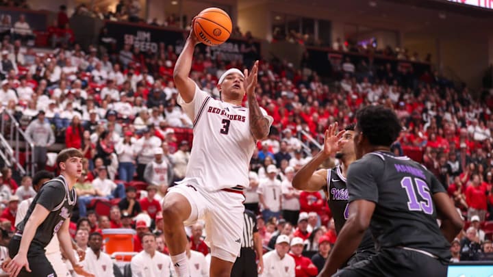 Texas Tech's LeJuan Watts looks to move the ball against Kansas State during a Big 12 Conference men's basketball game, Saturday, Feb. 21, 2026, in United Supermarkets Arena.